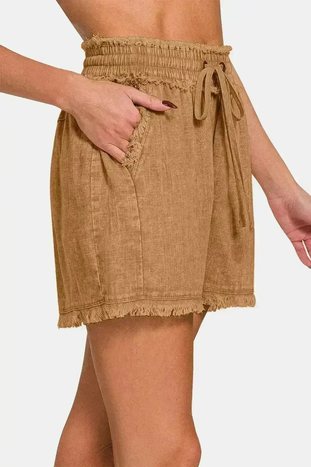 Zenana Washed Linen Frayed Hem Drawstring Shorts - Femstylo