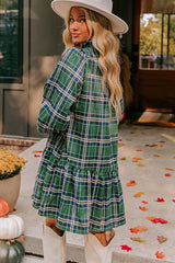 Green Plaid Print Frill Neck Long Sleeve Mini Dress
