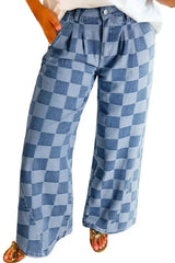 Dusk Blue Checkered Light Washed Wide Leg Jeans - Femstylo