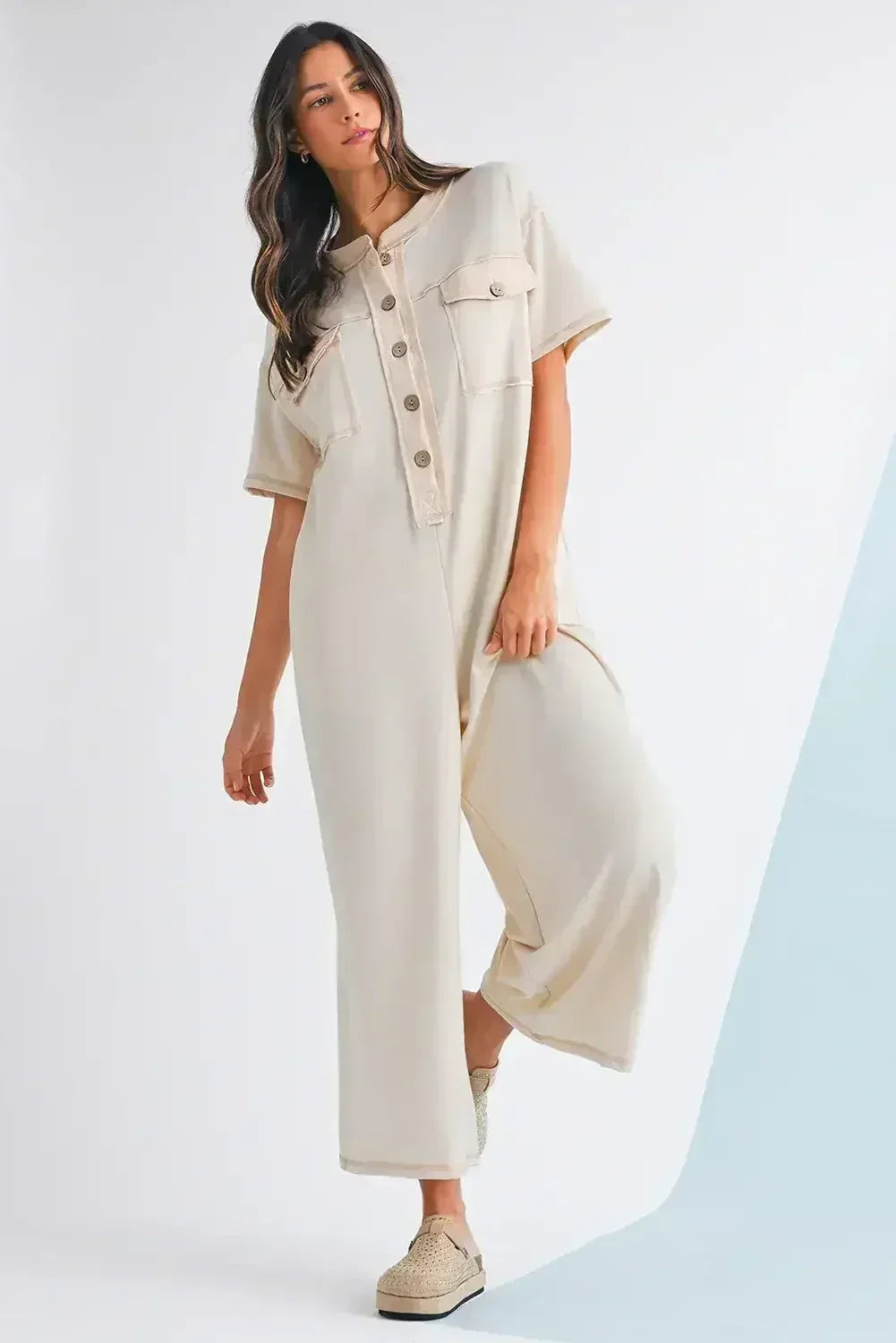 Jet Stream Patchwork Pocket Short Sleeve Jumpsuit - Femstylo