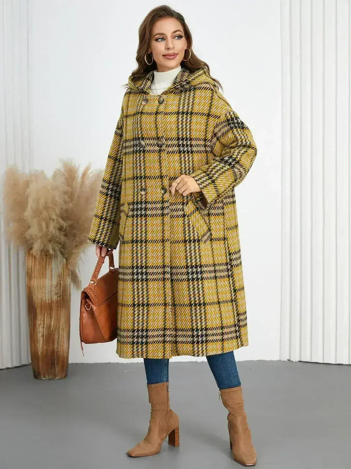 Plaid Double-Breasted Long Sleeve Longline Coat - Femstylo
