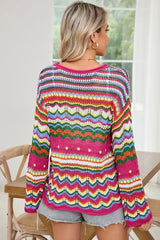 Rose Red Colorblock Striped Hollowed Knit Loose Sweater - Femstylo