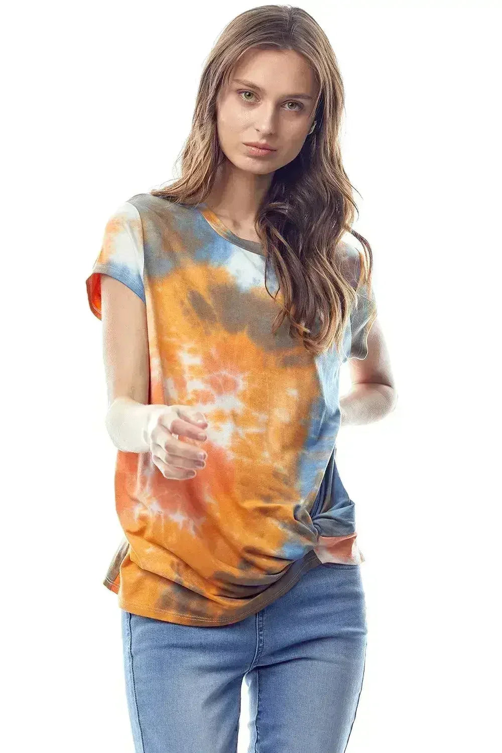 Tie-Dye Twist Front Short Sleeve Top - Femstylo