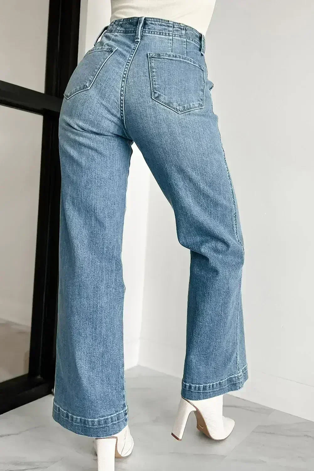 Dusk Blue Multi Button Waist Wash Straight Leg Jeans - Femstylo