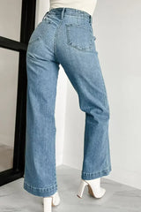 Dusk Blue Multi Button Waist Wash Straight Leg Jeans - Femstylo