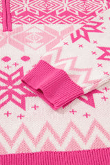 Rose Red Christmas Snowflake Quarter Zip Collard Sweater