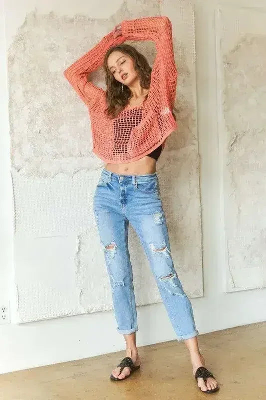 ADORA Crochet Long Sleeve Knit Cover Up with Big Pocket - Femstylo