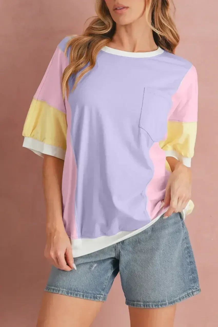 Purple Colorblock Patchwork Oversized T Shirt - Femstylo