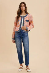 Floral Jacquard Denim Jacket - Contrast Button Down | Femstylo - Femstylo