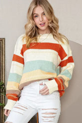White Striped Color Block Drop Shoulder Knit Sweater - Femstylo