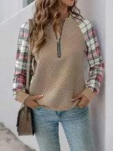 Perfee Plaid Half Zip Long Sleeve Texture Sweatshirt - Femstylo