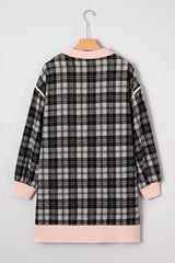 Black Casual Plaid Zipper Long Sleeve Mini Dress