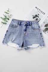 Beau Blue Pearl Studded Pocket Raw Hem Denim Shorts