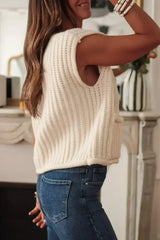 White Solid Textured Knit Side Pockets Buttoned Sweater Vest - Femstylo
