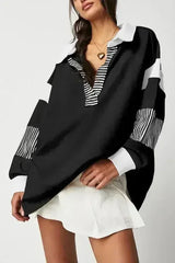 Dark Blue Striped Colorblock Patchwork Collar Sweatshirt - Femstylo