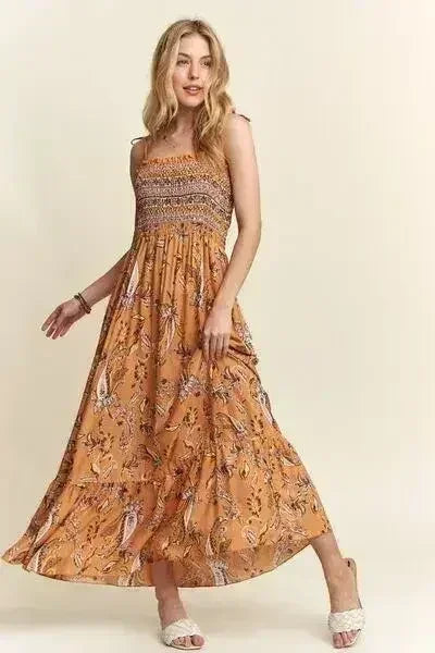 ADORA Smocked Printed Square Neck Tie Shoulder Cami Dress - Femstylo