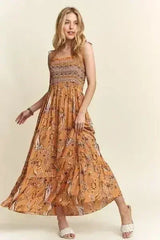 ADORA Smocked Printed Square Neck Tie Shoulder Cami Dress - Femstylo