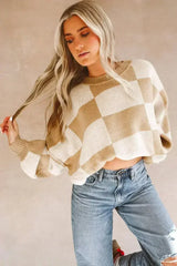 Khaki Checkered Bishop Sleeve Sweater - Femstylo