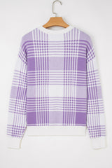 Lilac Plaid Print Ribbed Trim Loose Sweater