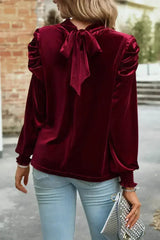 Fiery Red Velvet Blouse - Mock Neck & Puff Sleeves | Femstylo - Femstylo