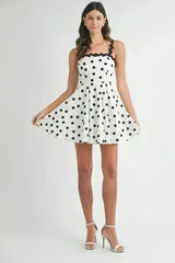 Polka Dot Mini Dress – Ricrac Trim Strap & Smocked Back - Femstylo