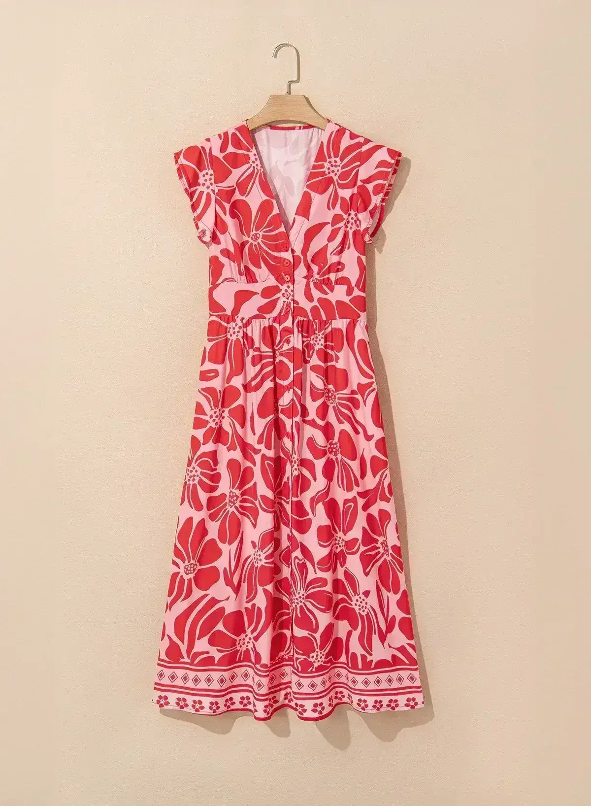 Red Boho Floral V-Neck Ruffle Shoulder Maxi Dress - Femstylo