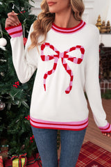 White Bow Pattern Contrast Trim Long Sleeve Sweater