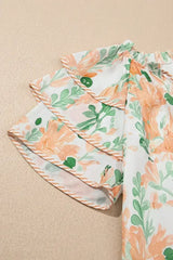 Sky Blue Floral Contrast Edge Ruffle Sleeve Tie Neck Mini Dress - Femstylo