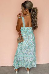 Green Floral Lace Tied Strap Empire Waist Maxi Dress - Femstylo