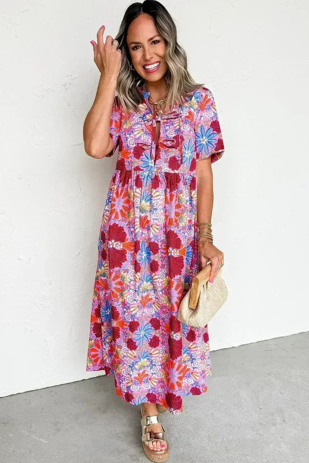 Rose Floral Print Tie Front High Waist Loose Midi Dress - Femstylo