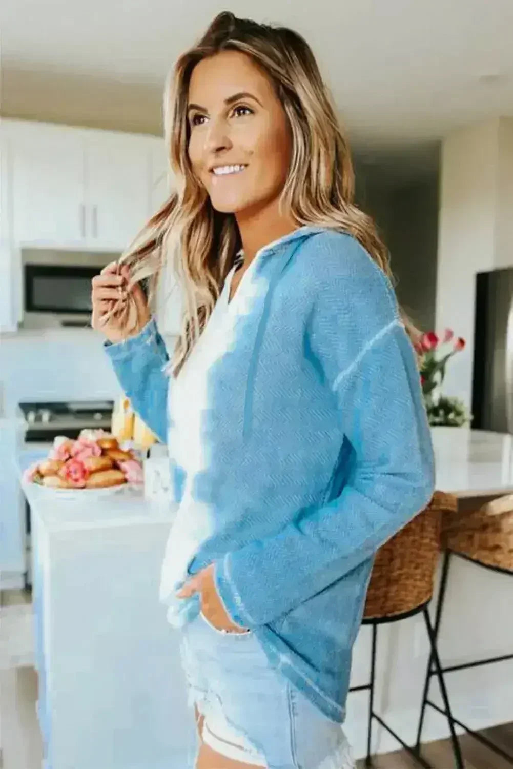 Casual Sky Blue White Tie Dye Hoodie - Femstylo