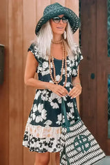 Dark Green Floral Print Ruffle Sleeve Empire Waist Mini Dress - Femstylo