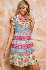 Rose Floral Ethnic Print Ruffle Mini Dress - Femstylo