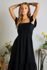 ADORA Smocked Square Neck Ruffled Cap Sleeve Dress - Femstylo