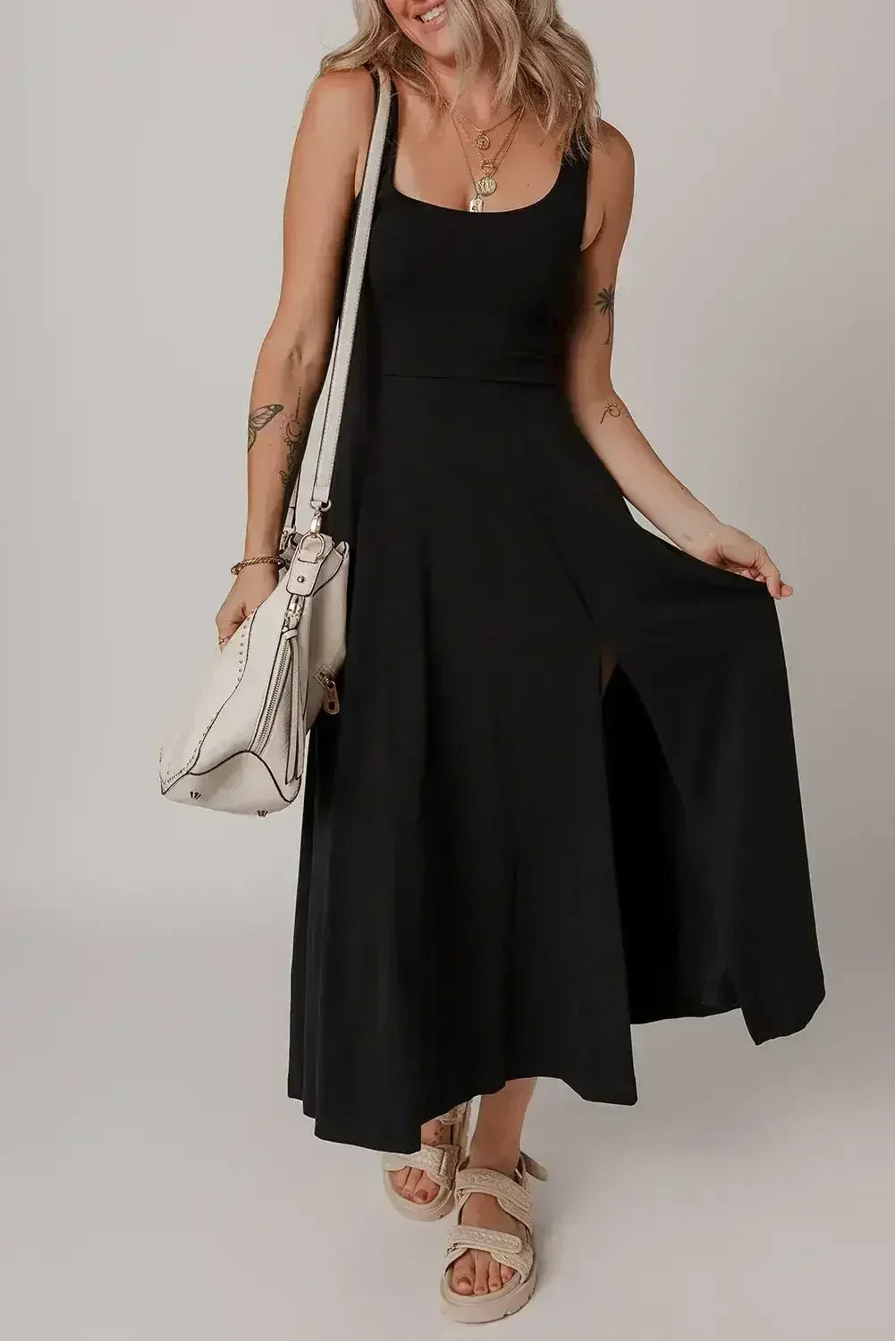 Black Sleeveless Scoop Neck Flared Split Midi Dress - Femstylo