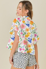Yellow Allover Floral Print Boxy Fit V Neck Blouse