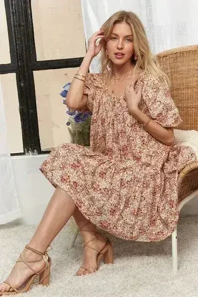 ADORA Floral Square Neck Puff Sleeve Dress - Femstylo