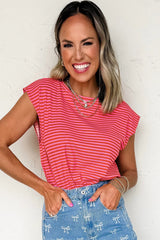 Black Stripe Ribbed Cap Sleeve Round Neck T Shirt