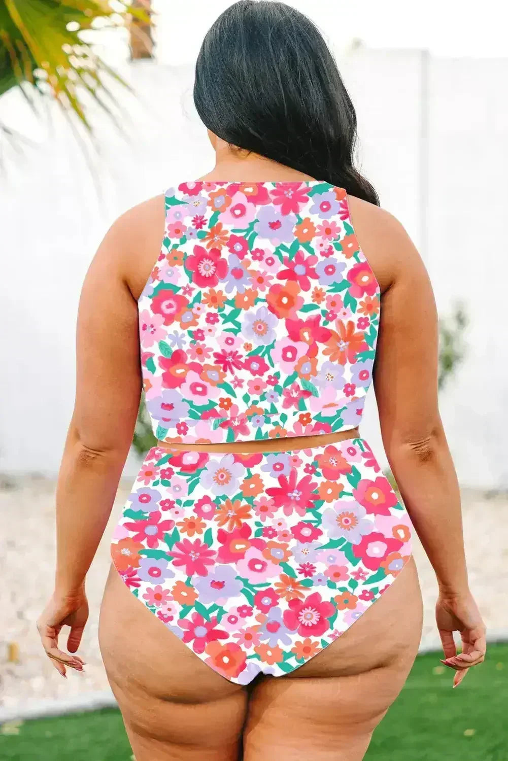 Rose Plus Size Floral Print Twisted High Waist Bikini Set - Femstylo