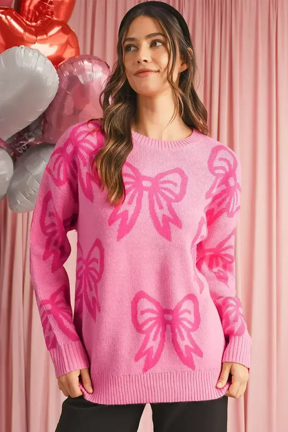 Pink Bow Pattern Drop Sleeve Loose Sweater - Femstylo