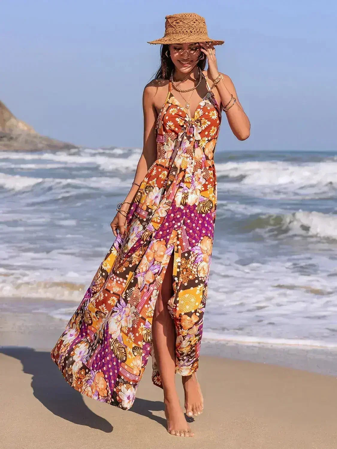 Slit Printed Halter Neck Cami Dress - Femstylo