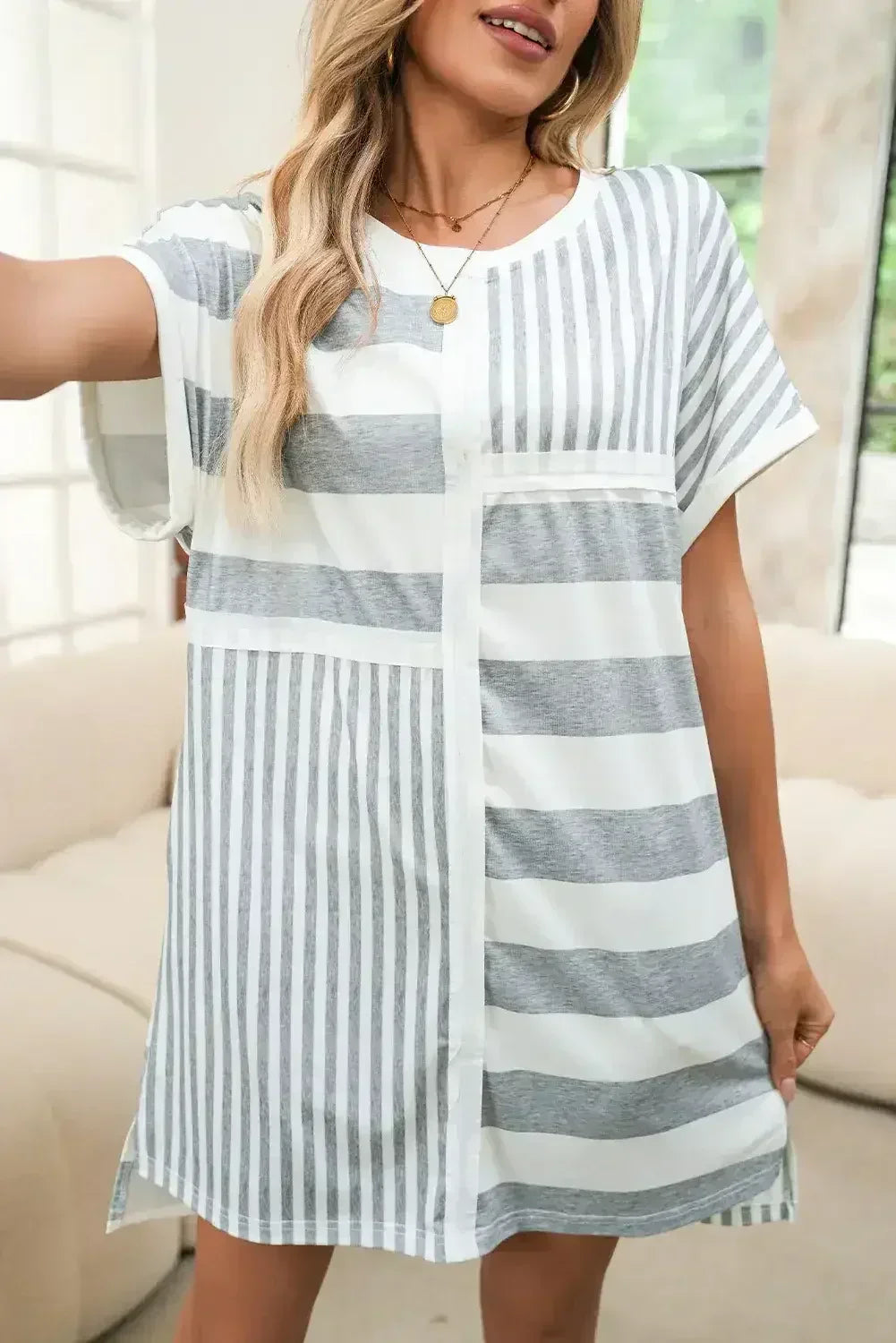 Gray Stripe Mixed Printed Short Sleeve Shift Mini T Shirt Dress - Femstylo