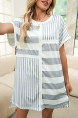 Gray Stripe Mixed Printed Short Sleeve Shift Mini T Shirt Dress - Femstylo