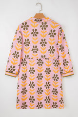 Pink Floral Print Zip Neck Striped Patchwork Long Sleeve Drawstring Dress