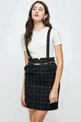 Plaid Suspender Skirt with Belt Detail - Femstylo