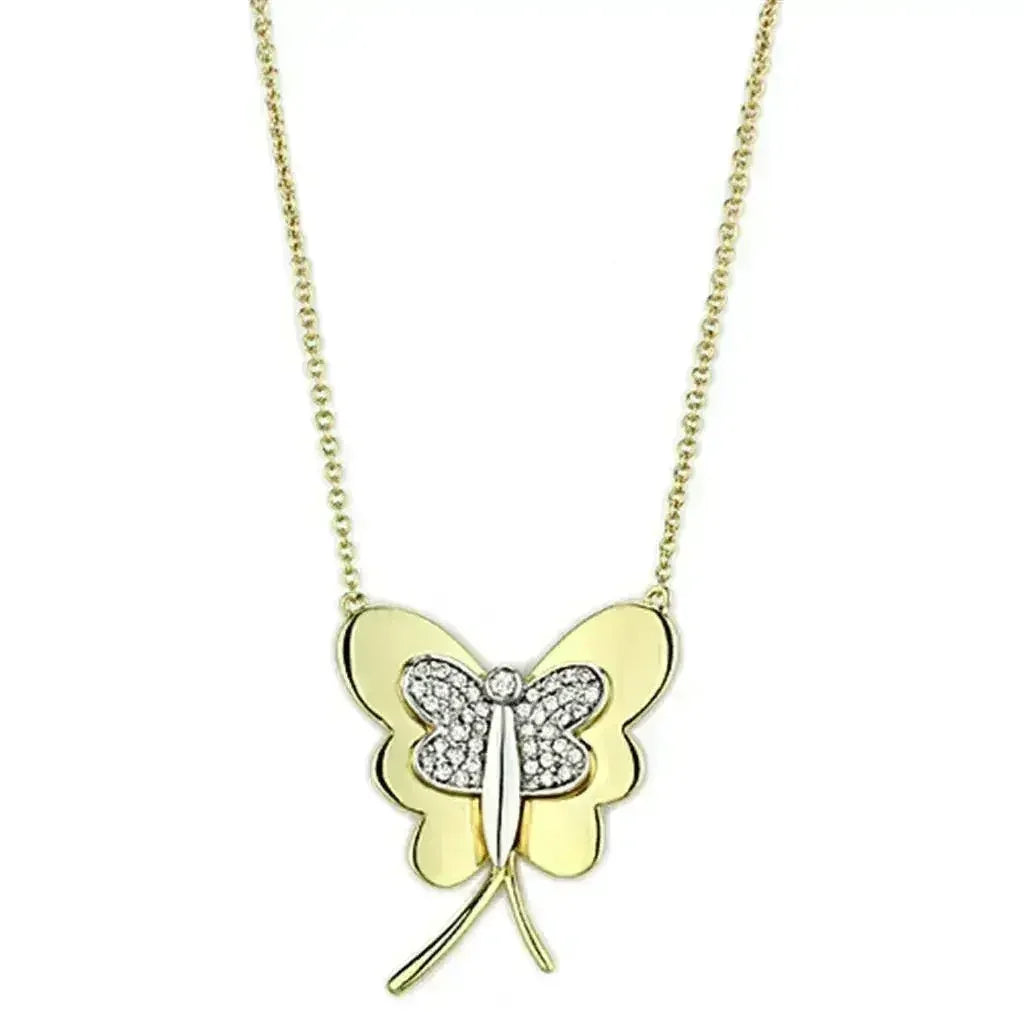 3W459 - Gold+Rhodium Brass Necklace with AAA Grade CZ in Clear - Femstylo