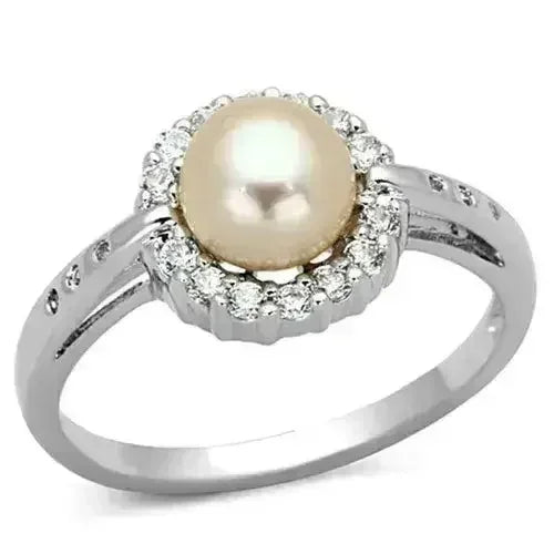 3W487 - Rhodium Brass Ring with Synthetic Pearl in White - Femstylo