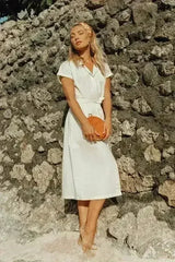 ARYA Safari Linen Midi Dress In Off White - Femstylo