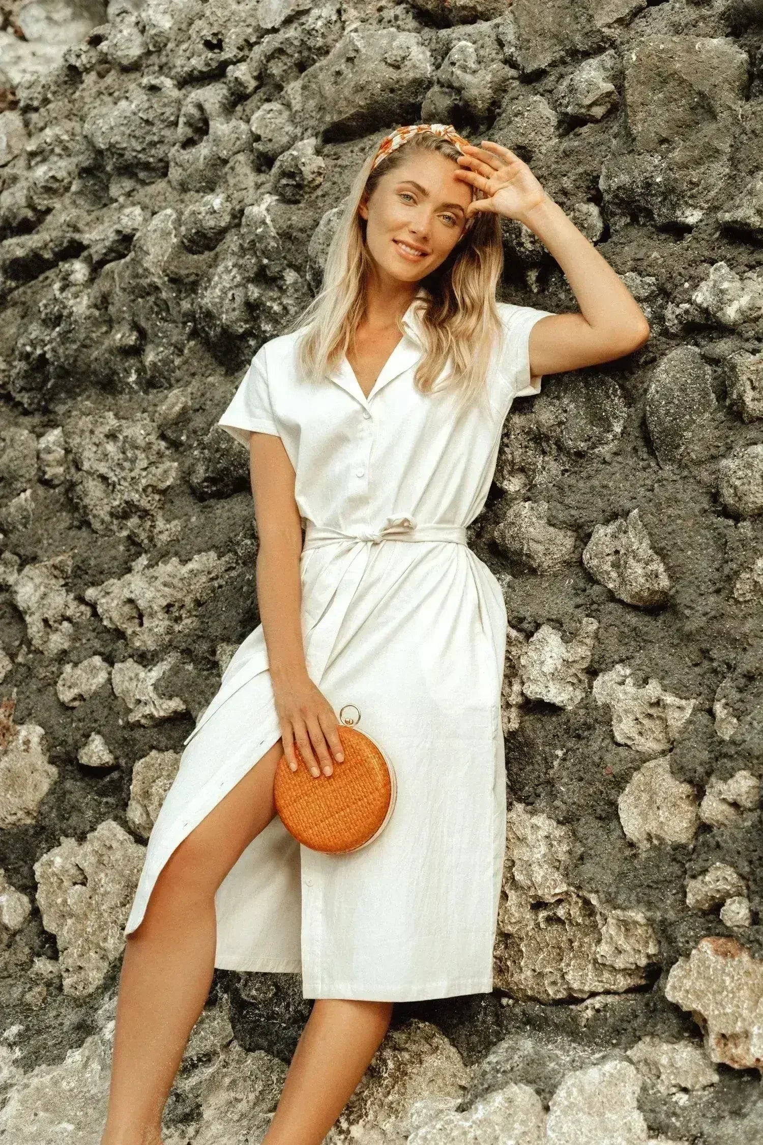 ARYA Safari Linen Midi Dress In Off White - Femstylo