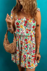 Red Floral Print Knotted Strap Cinched Waist Ruffle Hem Mini Dress - Femstylo